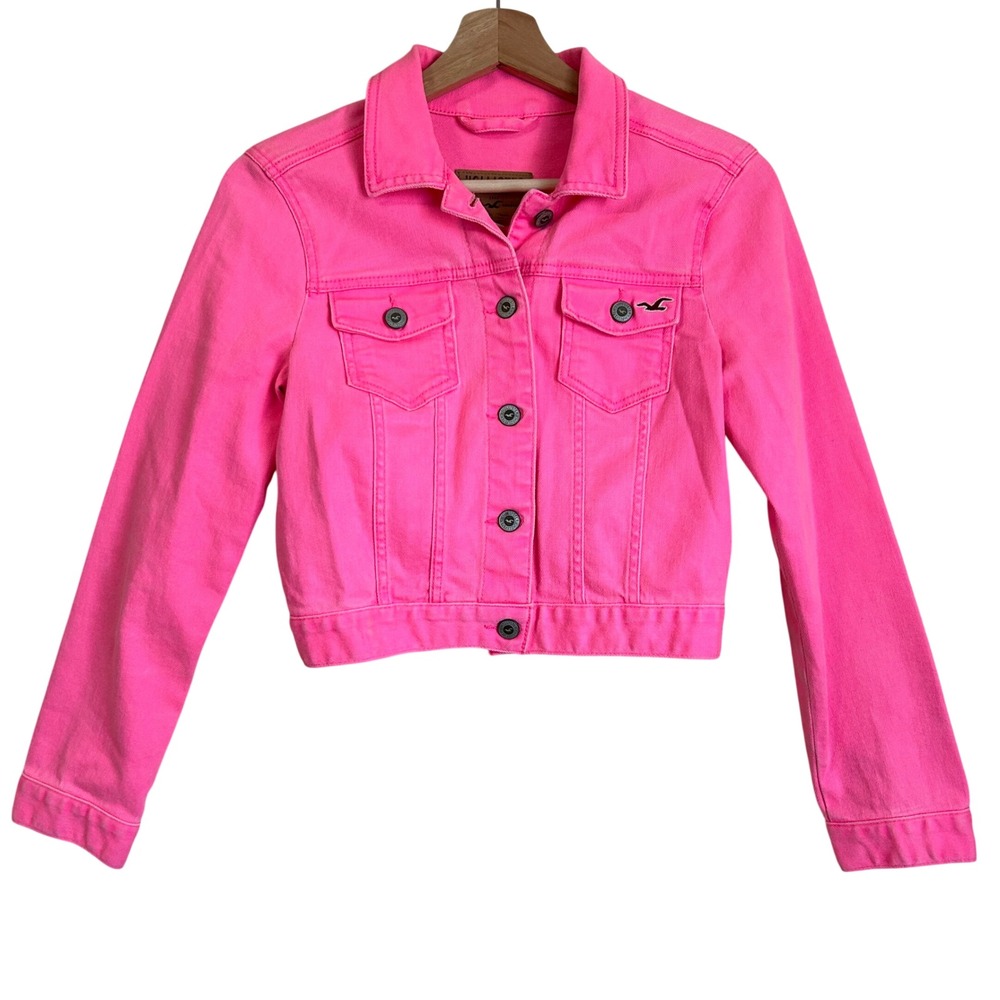 Hollister Logo Neon Hot Pink Jean Jacket Cali OC Beach Medium Y2K Seagull Bird